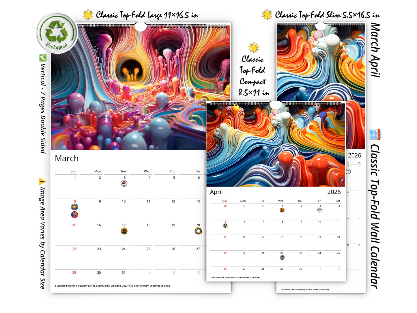 Calendario de pared de colores vivos 2026 de Kaleidoscope Artisan: arte en movimiento con las fiestas