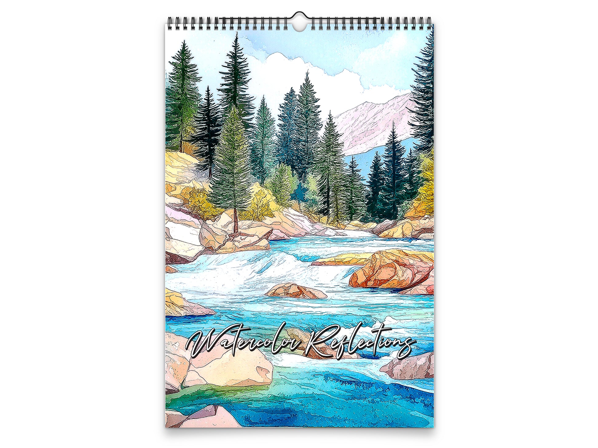 Wall calendar with a scenic illustration of a river and trees, titled 'Watercolor Reflections'.