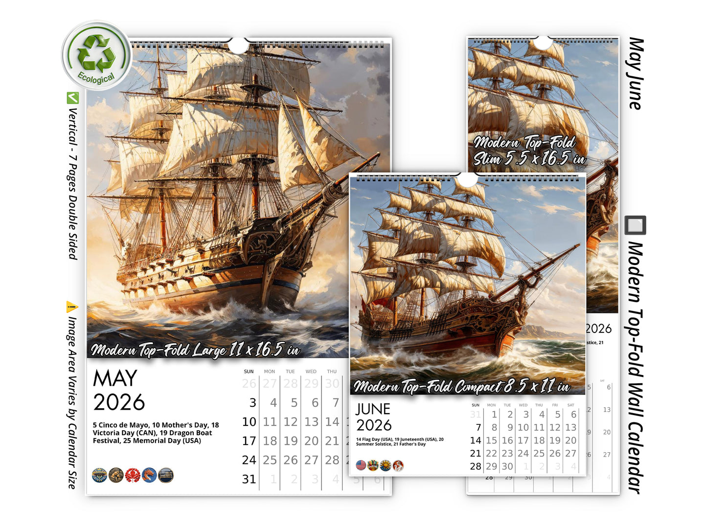 2026 Age of Sail Wall Calendar by Kaleidoscope Artisan – Nautical Adventures with Holidays