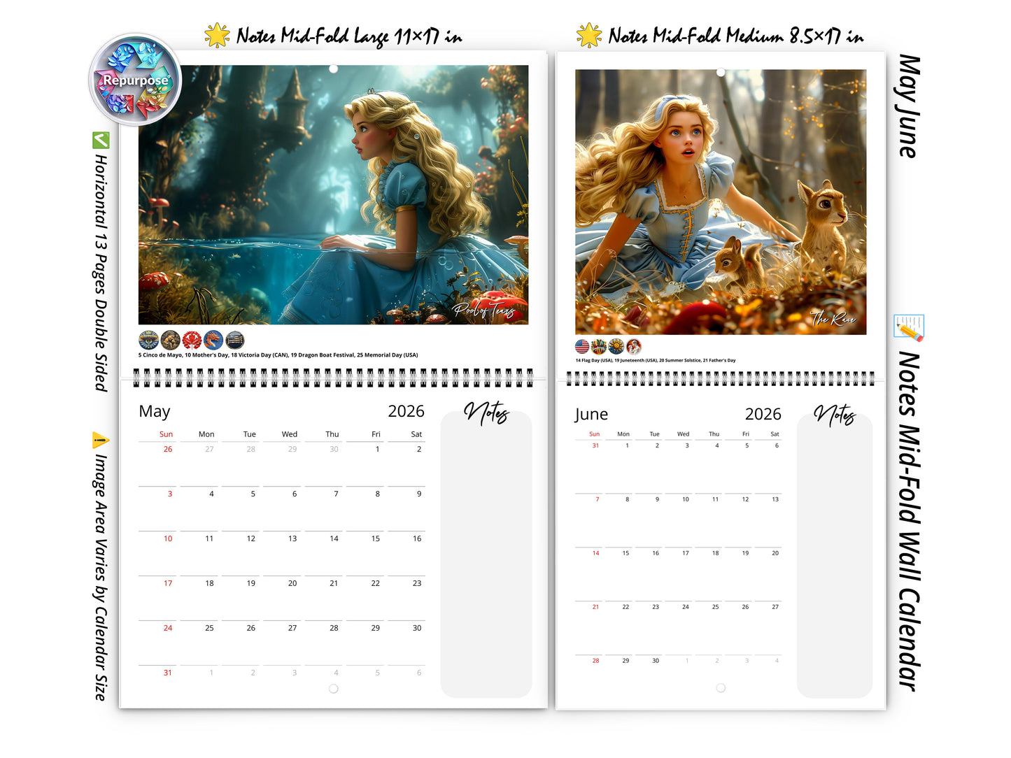 Calendario de pared de Alicia en el País de las Maravillas 2026 de Kaleidoscope Artisan: Aventuras de cuentos con festividades