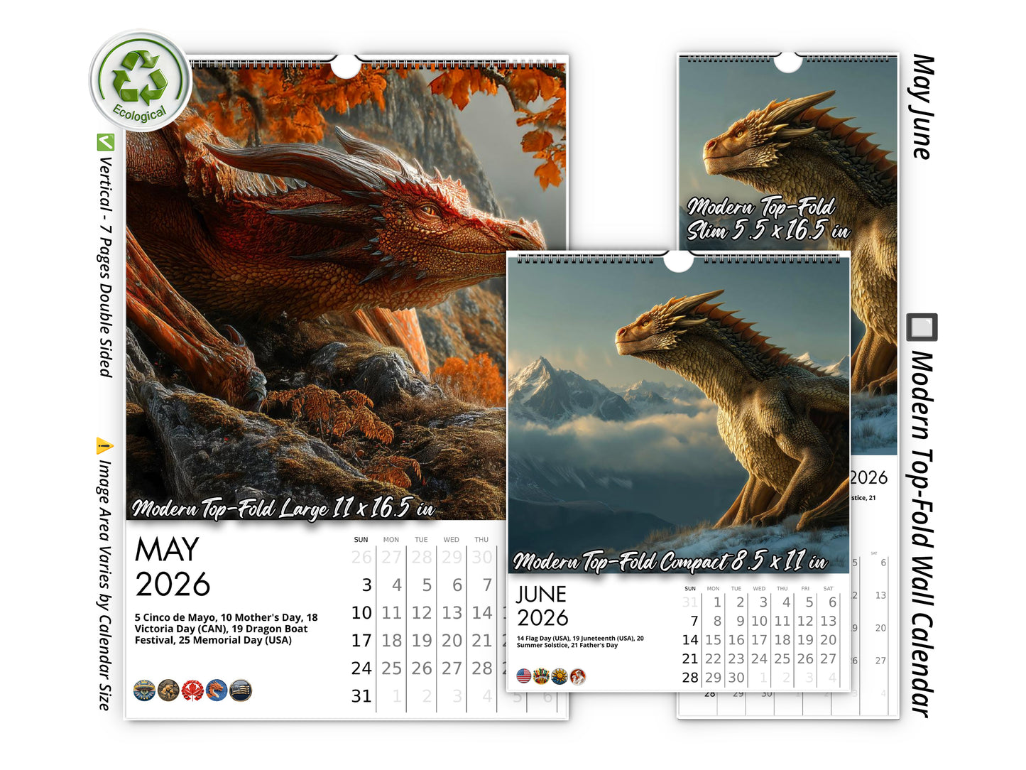 Calendario de pared de dragones 2026 de Kaleidoscope Artisan: ilustraciones de fantasía con festividades
