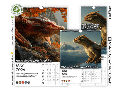 Calendario de pared de dragones 2026 de Kaleidoscope Artisan: ilustraciones de fantasía con festividades