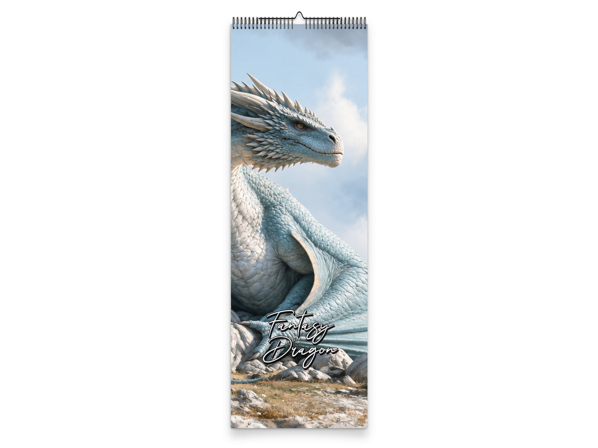 Fantasy Dragon slim calendar cover featuring a silver dragon against snowy mountains.