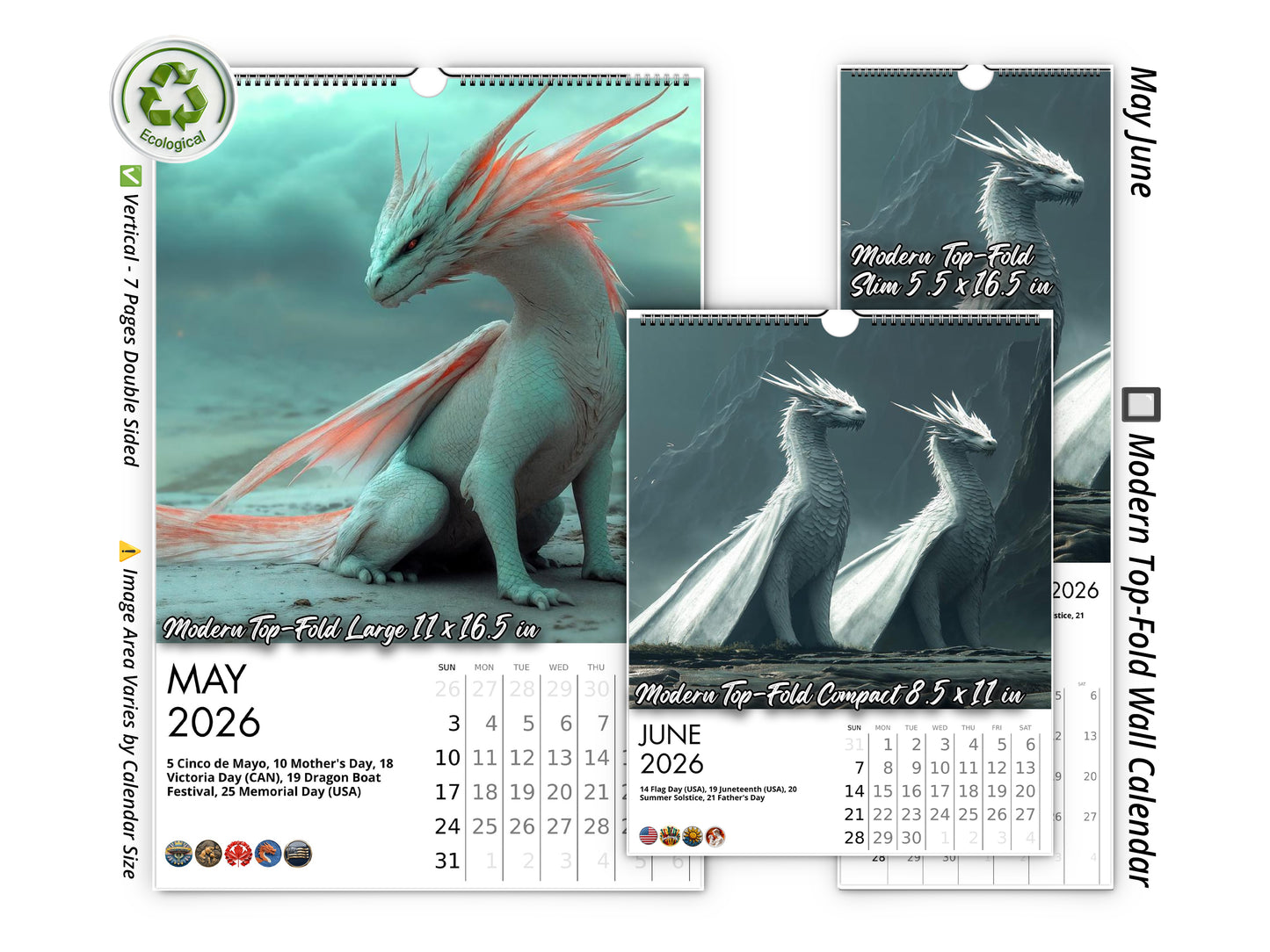 2026 Dragon Light Wall Calendar by Kaleidoscope Artisan – Majestic Dragon Realms with Holidays