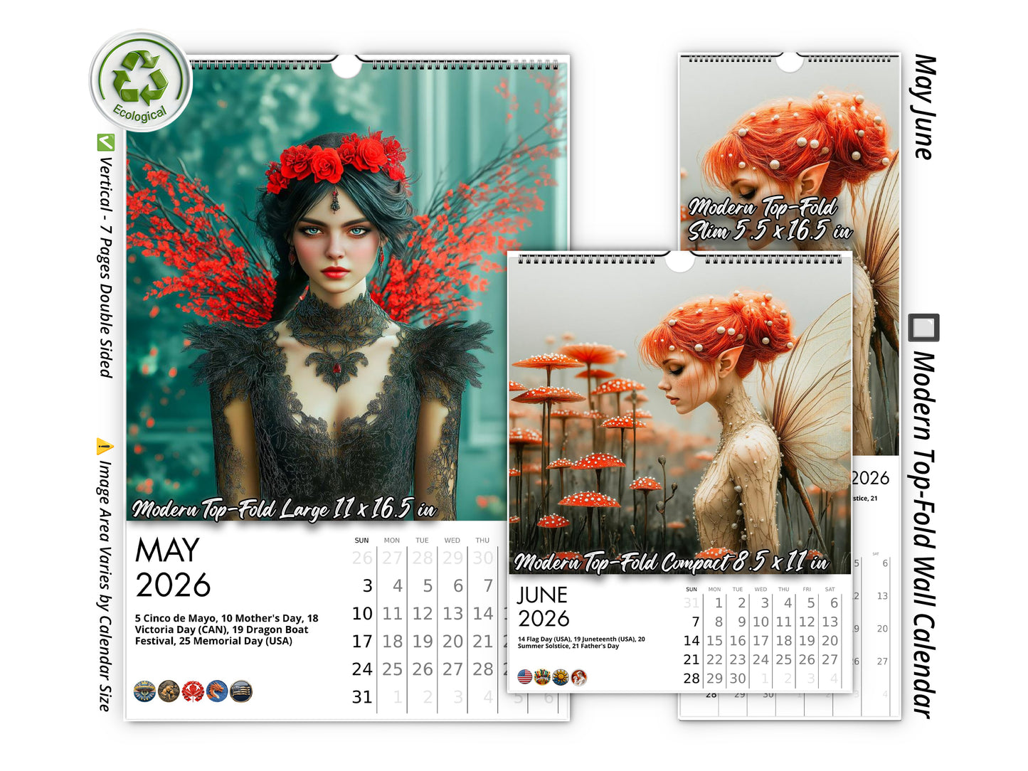2026 Fairy Dream Wall Calendar by Kaleidoscope Artisan – Enchanting Fantasy Fairies with Holidays