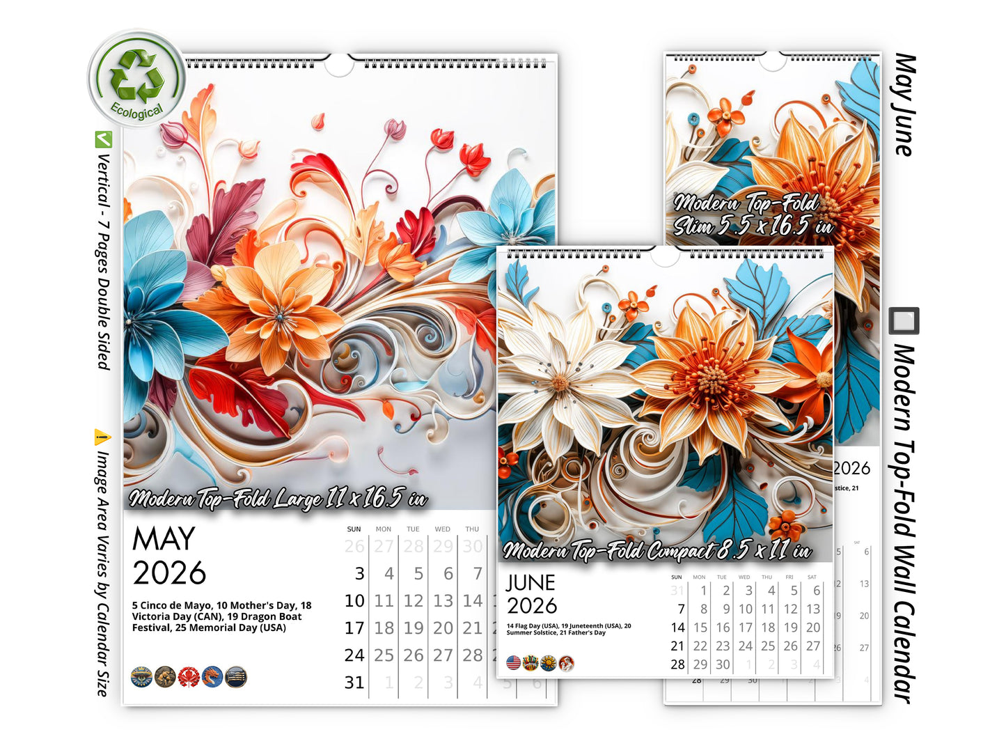 2026 Floral Grace Wall Calendar by Kaleidoscope Artisan – Elegant Bloom with Holidays