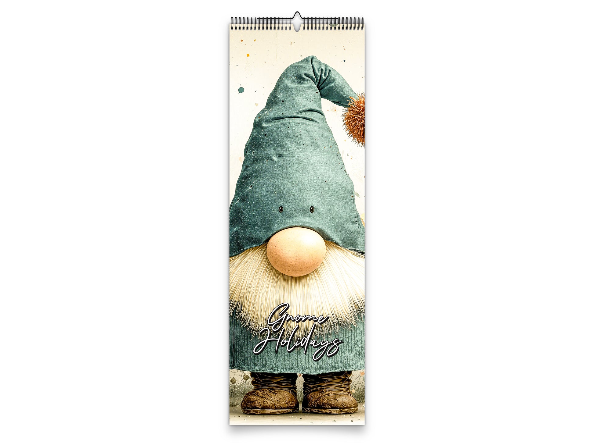 Vertical calendar with a gnome design and 'Gnome Holidays' text on a white background