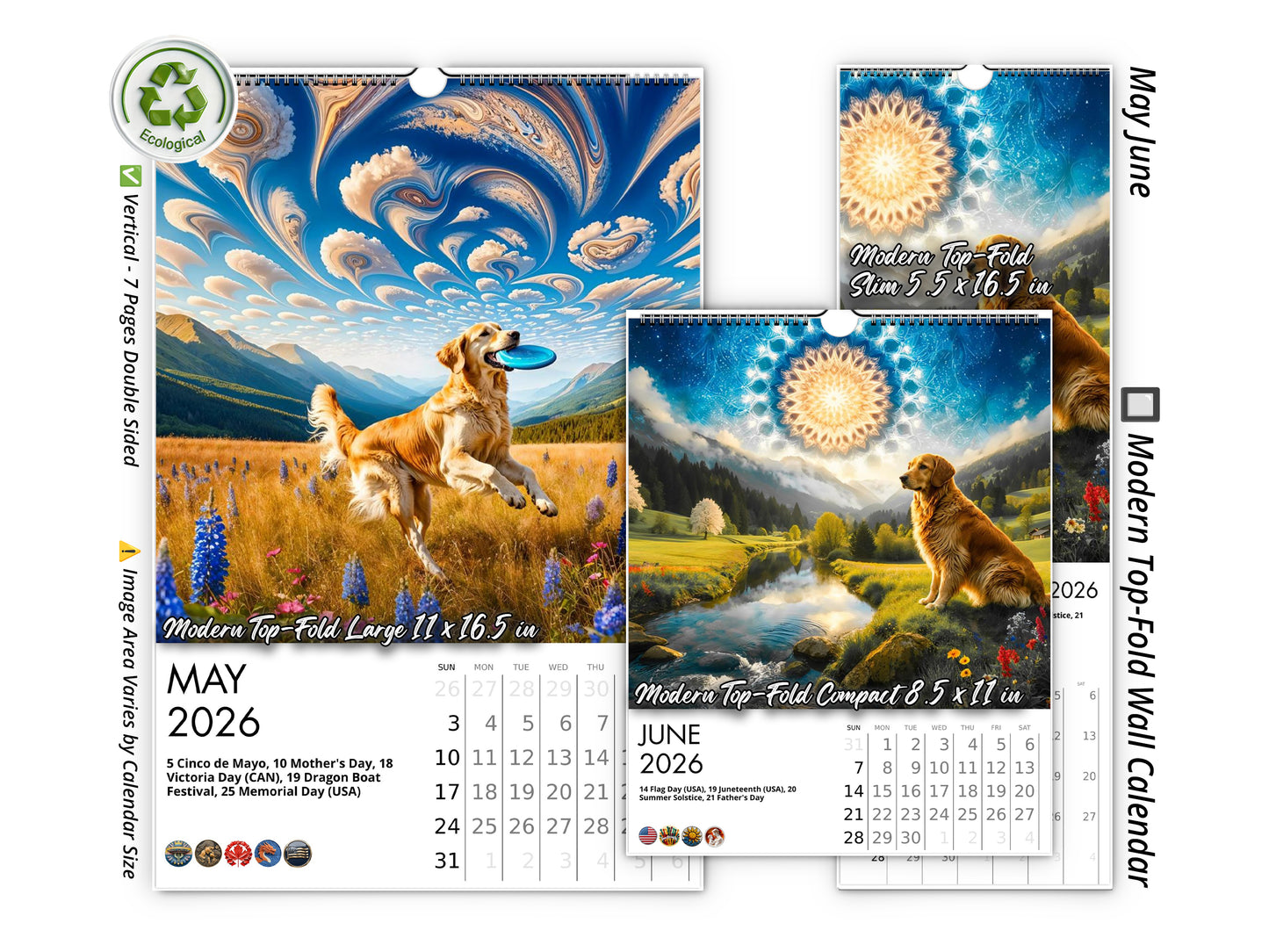 2026 Golden Retriever Wall Calendar by Kaleidoscope Artisan – Joyful Dog Art with Holidays
