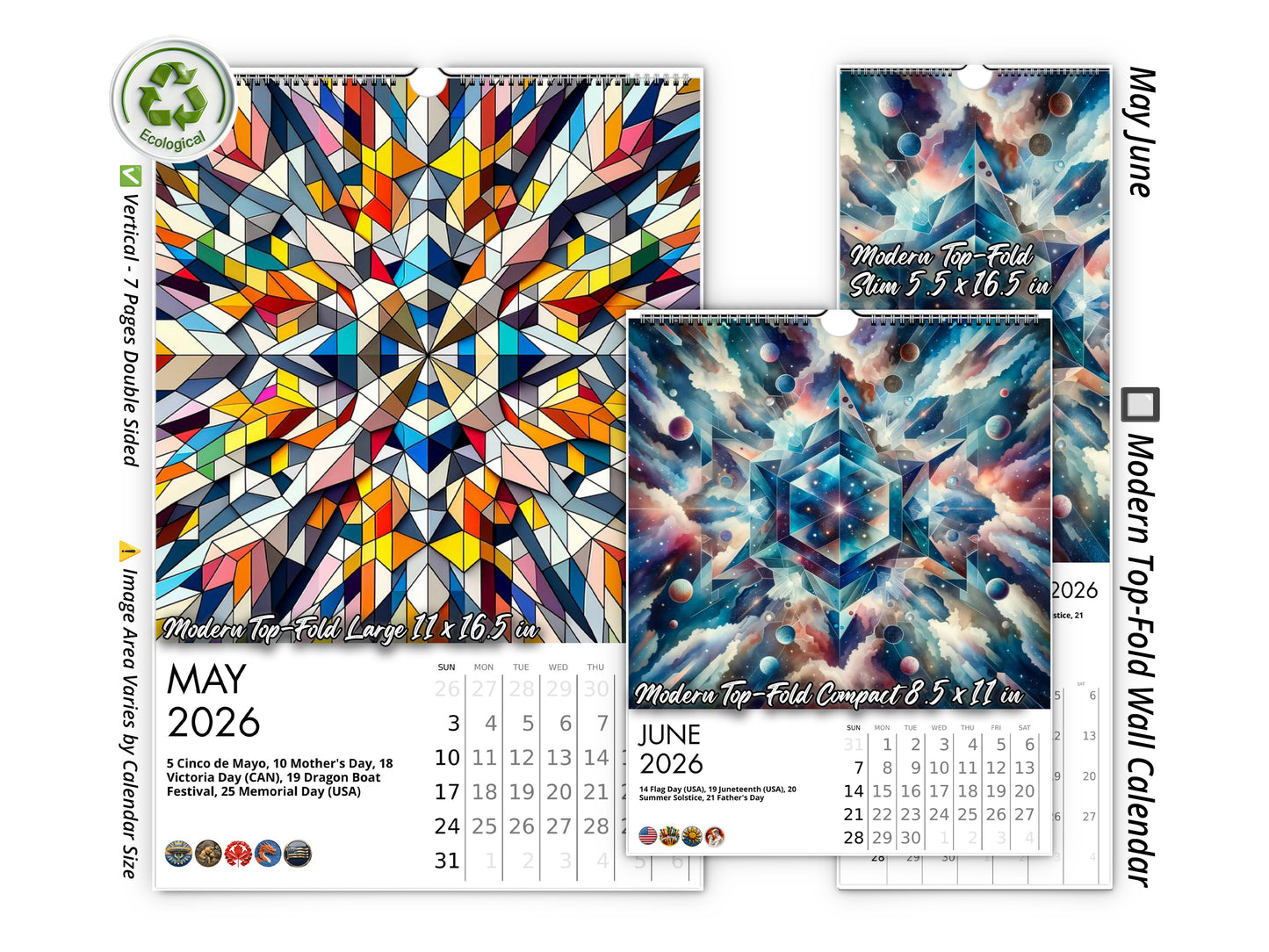 2026 Kaleidoscopic Art Wall Calendar by Kaleidoscope Artisan – Colorful Harmony with Holidays