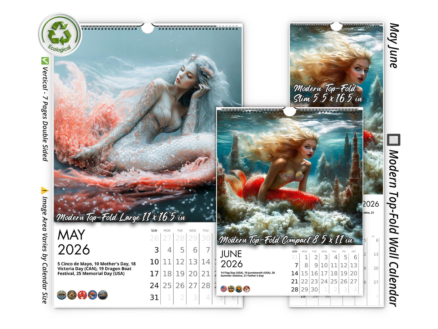 2026 Mermaid Dream Wall Calendar by Kaleidoscope Artisan – Enchanting Underwater Realms with Holidays