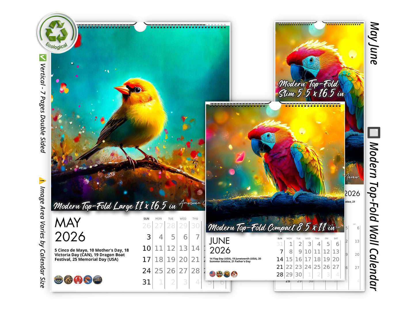 2026 Radiant Birds Kaleidoscope Wall Calendar by Kaleidoscope Artisan – Avian Beauty with Holidays