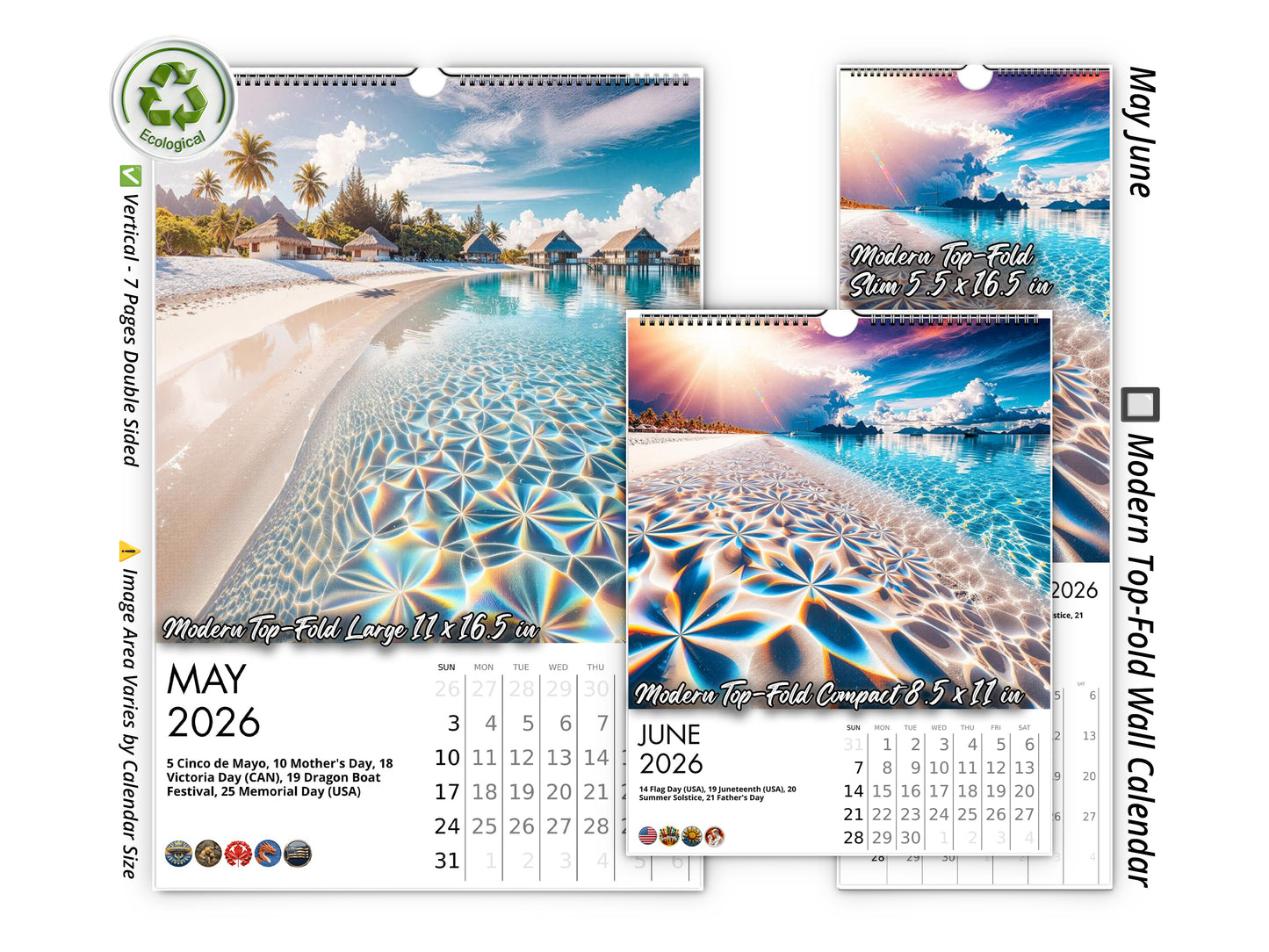 2026 Sands of Bora Bora Wall Calendar by Kaleidoscope Artisan – Tropical Escapes with Holidays