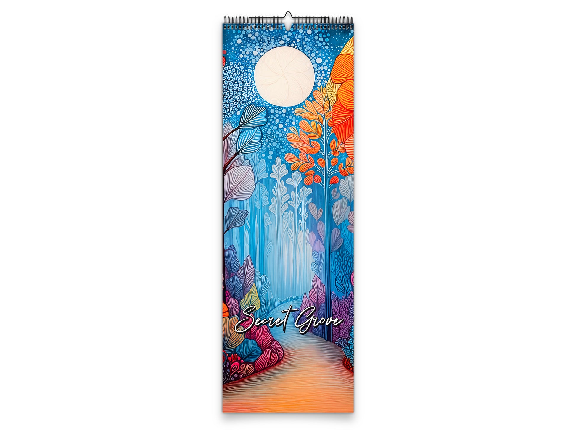 Colorful vertical banner with nature design and 'Secret Grove' branding on a white background