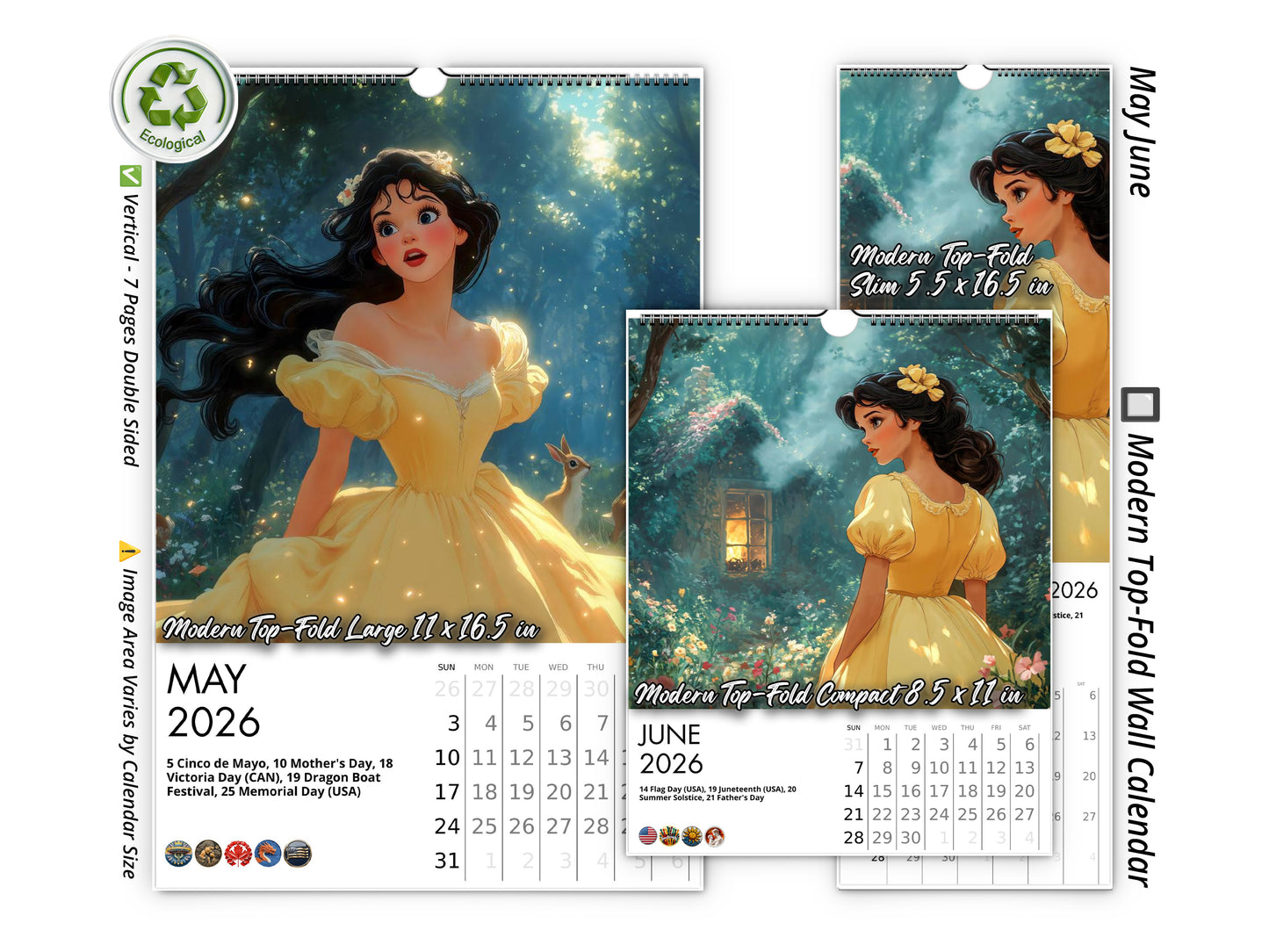 2026 Snow White Wall Calendar by Kaleidoscope Artisan – Enchanted Fairytale with Holidays