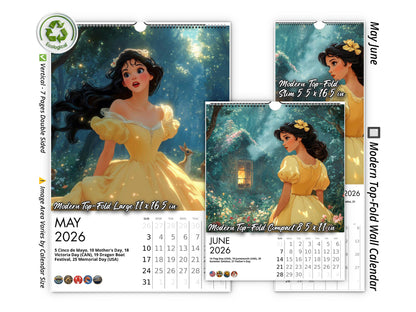 2026 Snow White Wall Calendar by Kaleidoscope Artisan – Enchanted Fairytale with Holidays