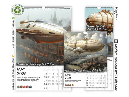 2026 Steampunk Airship Wall Calendar by Kaleidoscope Artisan – Chronicles in the Clouds with Holidays