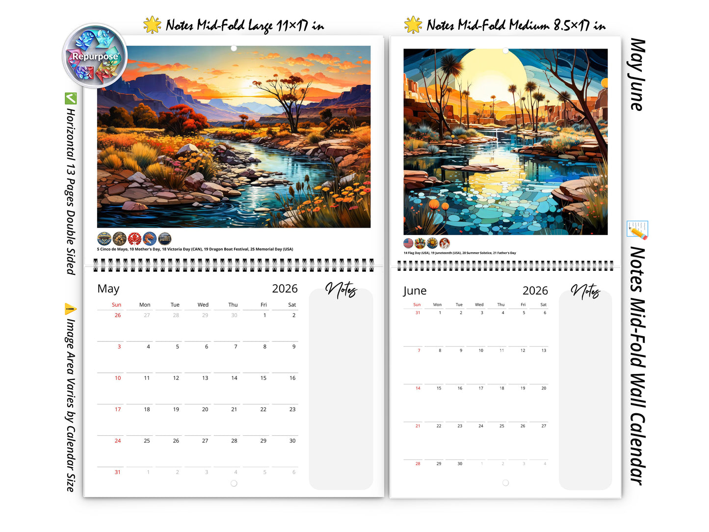 2026 Surreal Canyon Wall Calendar by Kaleidoscope Artisan – Desert Dreams with Holidays