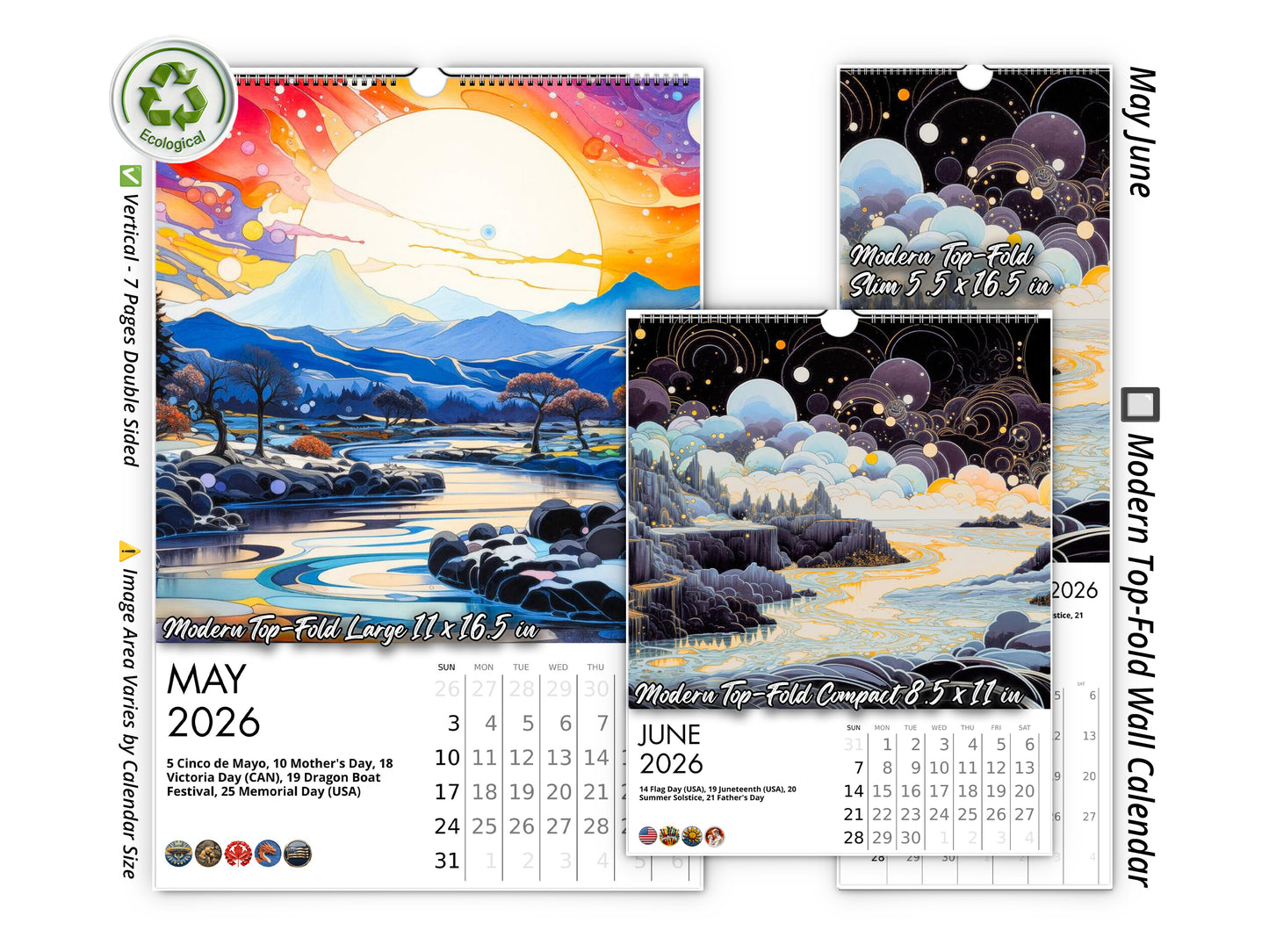 2026 Surreal Horizons Wall Calendar by Kaleidoscope Artisan – Mystical Realms with Holidays