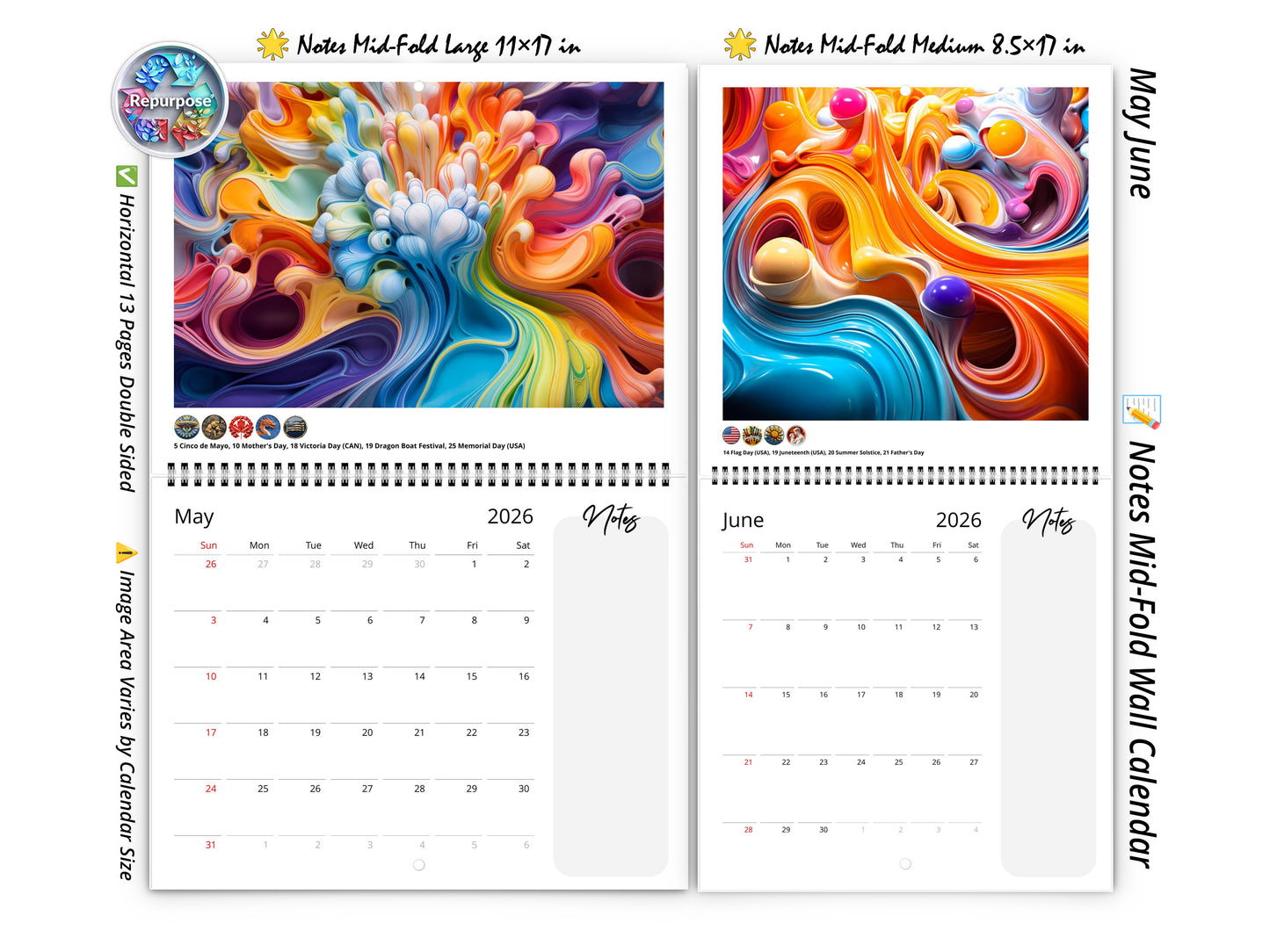 Calendario de pared de colores vivos 2026 de Kaleidoscope Artisan: arte en movimiento con las fiestas