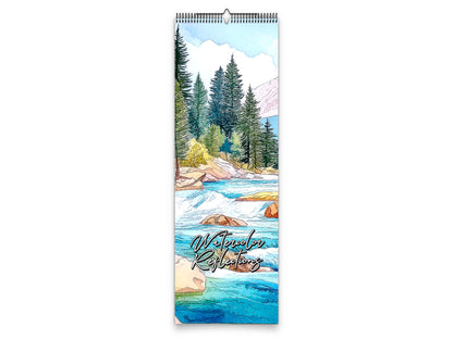 Vertical calendar with a scenic illustration of a river and trees on a white background