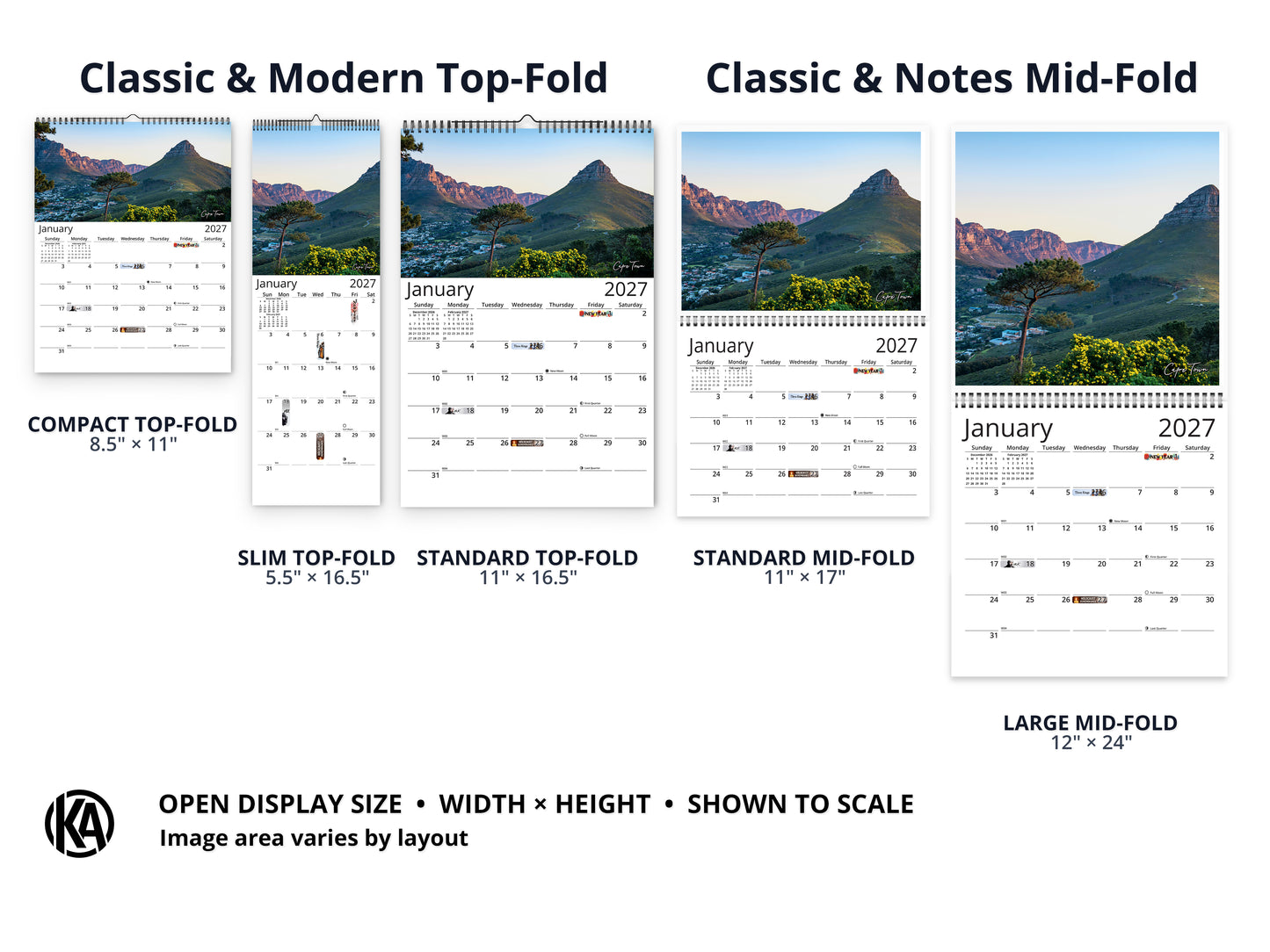 Africa Vistas by Kaleidoscope Artisan - Wildlife and Landscapes with Holidays 2027 wall calendar layout and size options