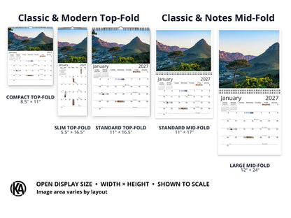 Africa Vistas by Kaleidoscope Artisan - Wildlife and Landscapes with Holidays 2027 wall calendar layout and size options