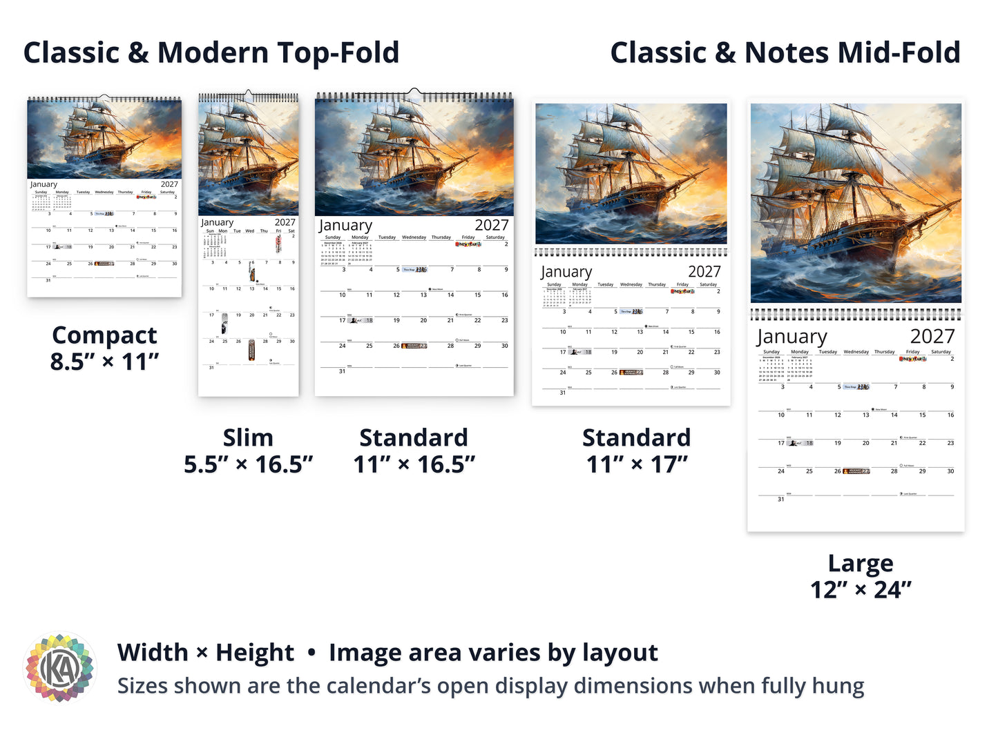 Age of Sail 2027 wall calendar layout and size options