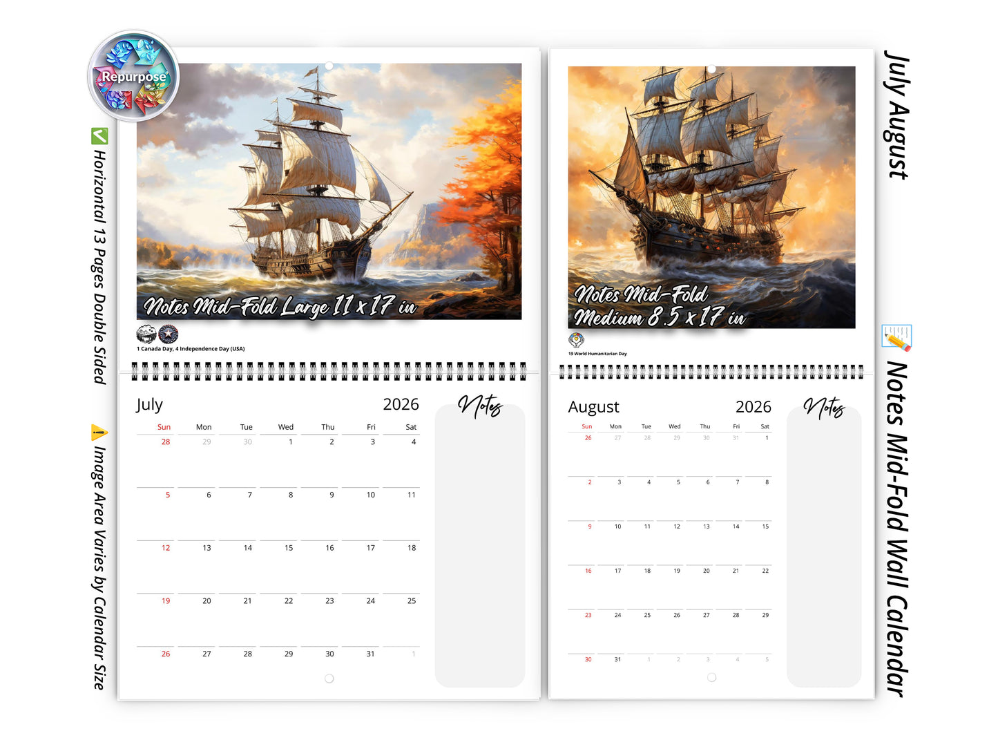 2026 Age of Sail Wall Calendar by Kaleidoscope Artisan – Nautical Adventures with Holidays