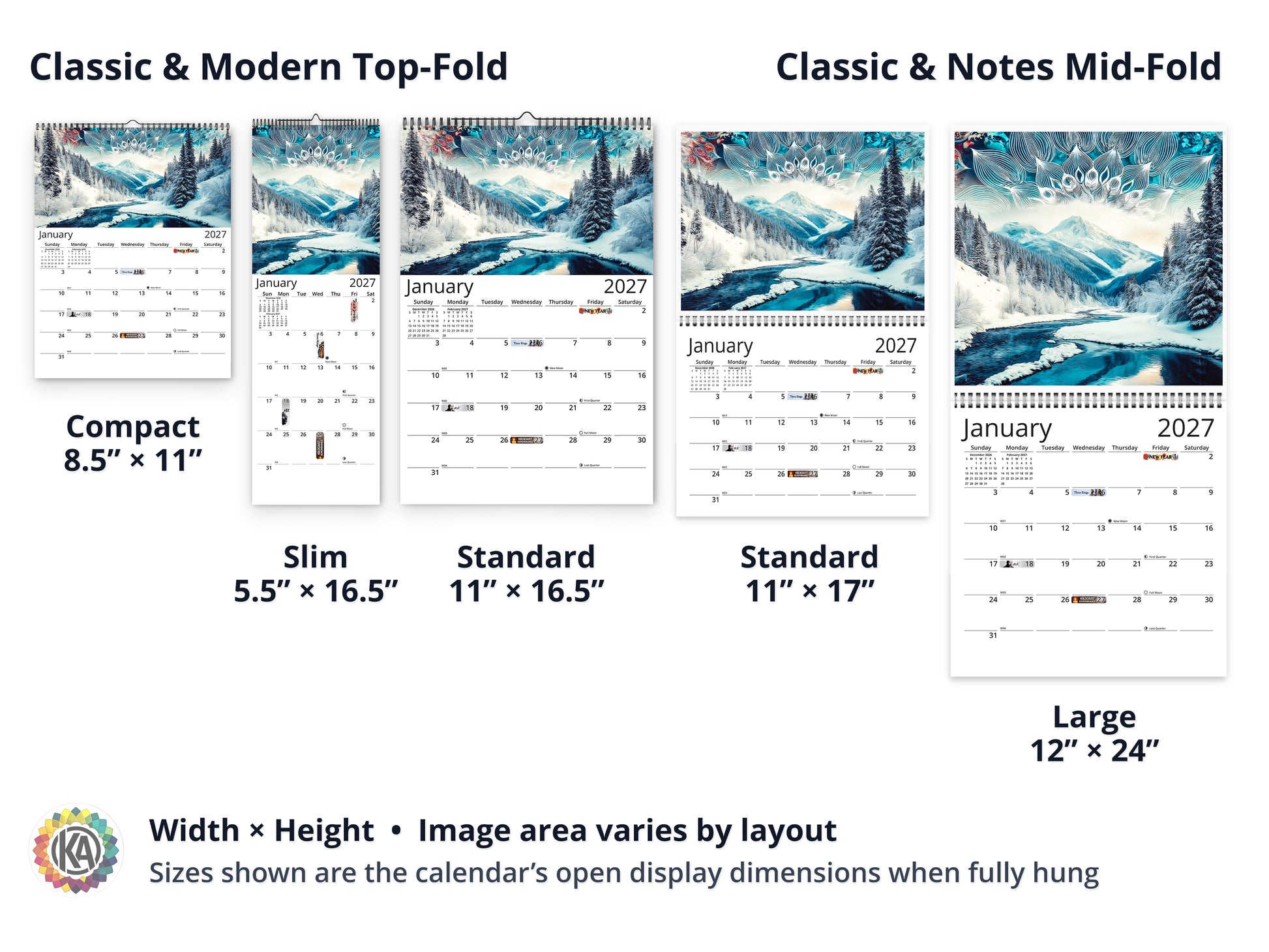 Alaska Embrace 2027 wall calendar layout and size options