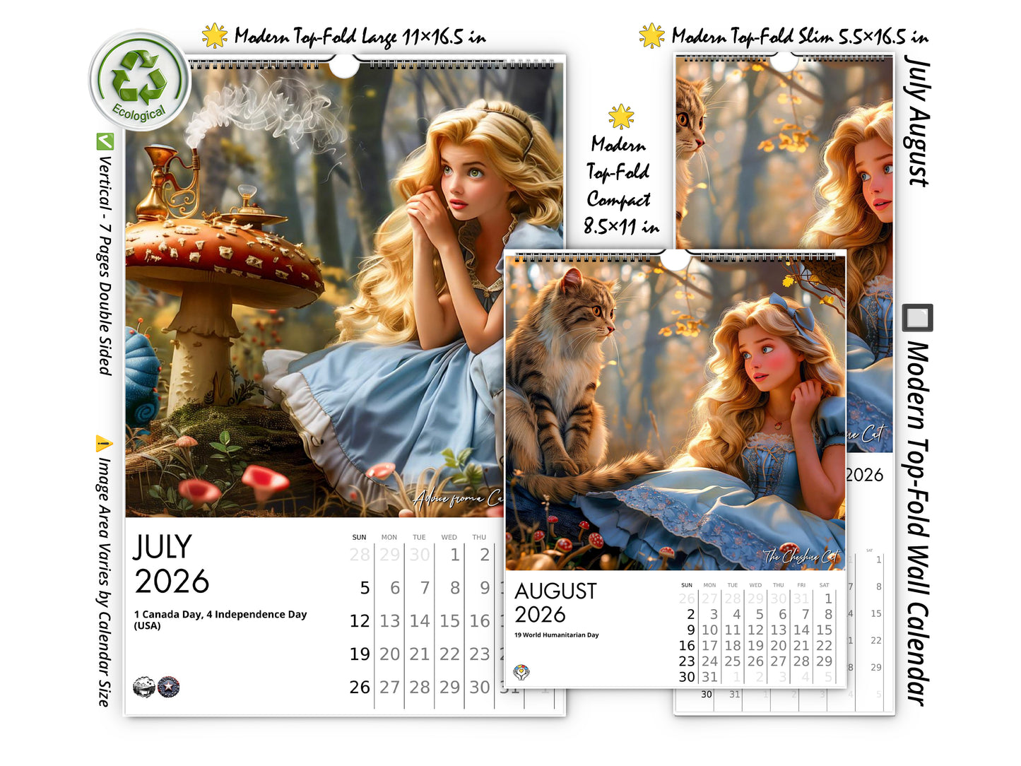 Calendario de pared de Alicia en el País de las Maravillas 2026 de Kaleidoscope Artisan: Aventuras de cuentos con festividades