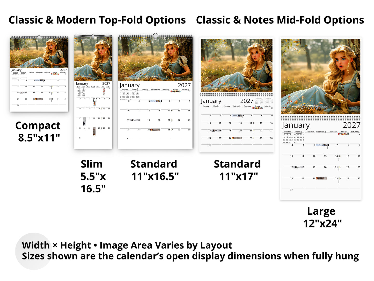 Alice in Wonderland 2027 wall calendar layout and size options