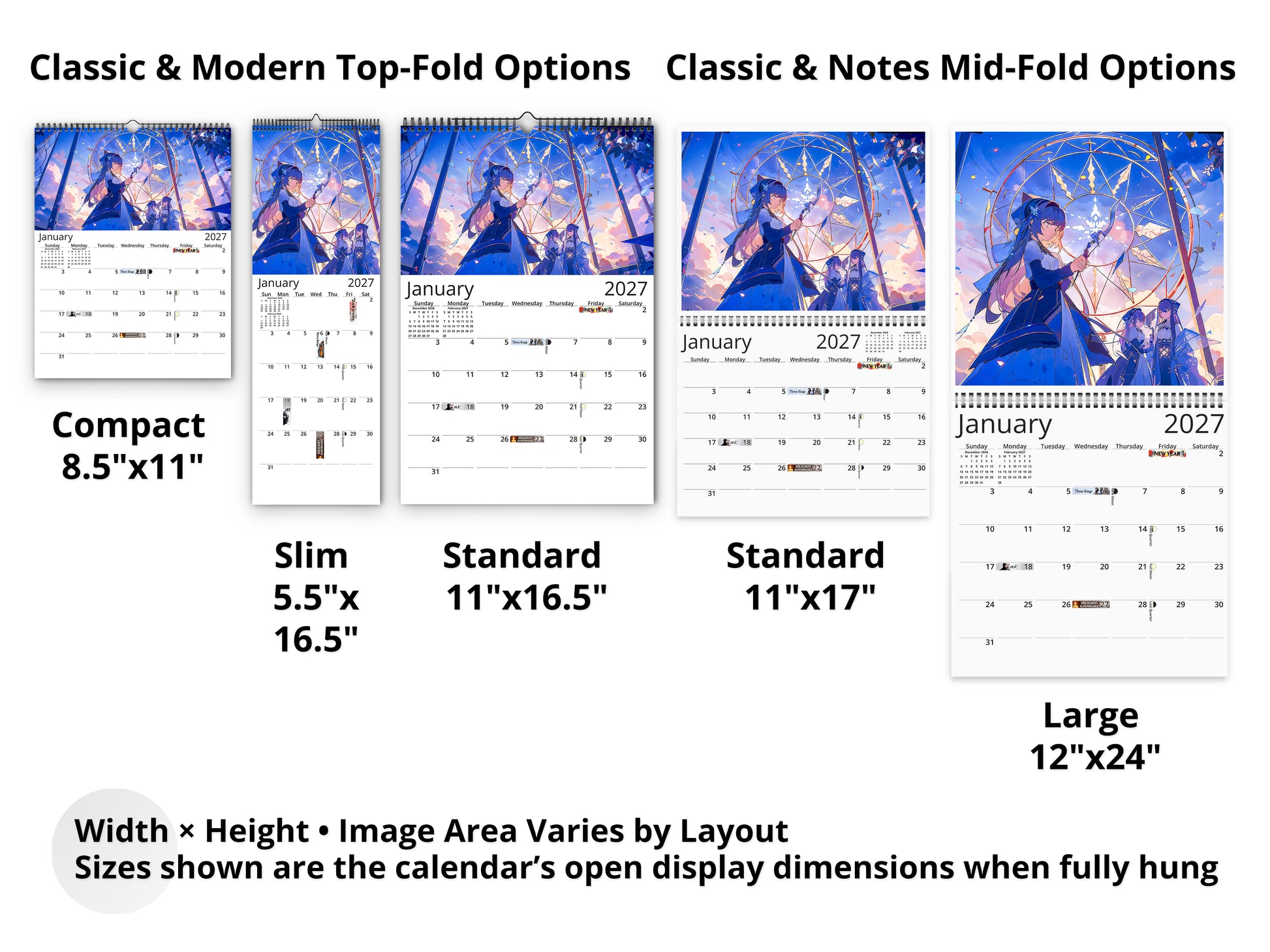 Anime Illuminated Tales 2027 wall calendar layout and size options