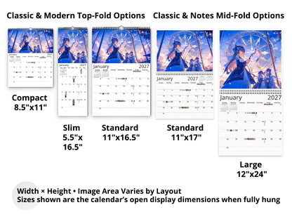 Anime Illuminated Tales 2027 wall calendar layout and size options