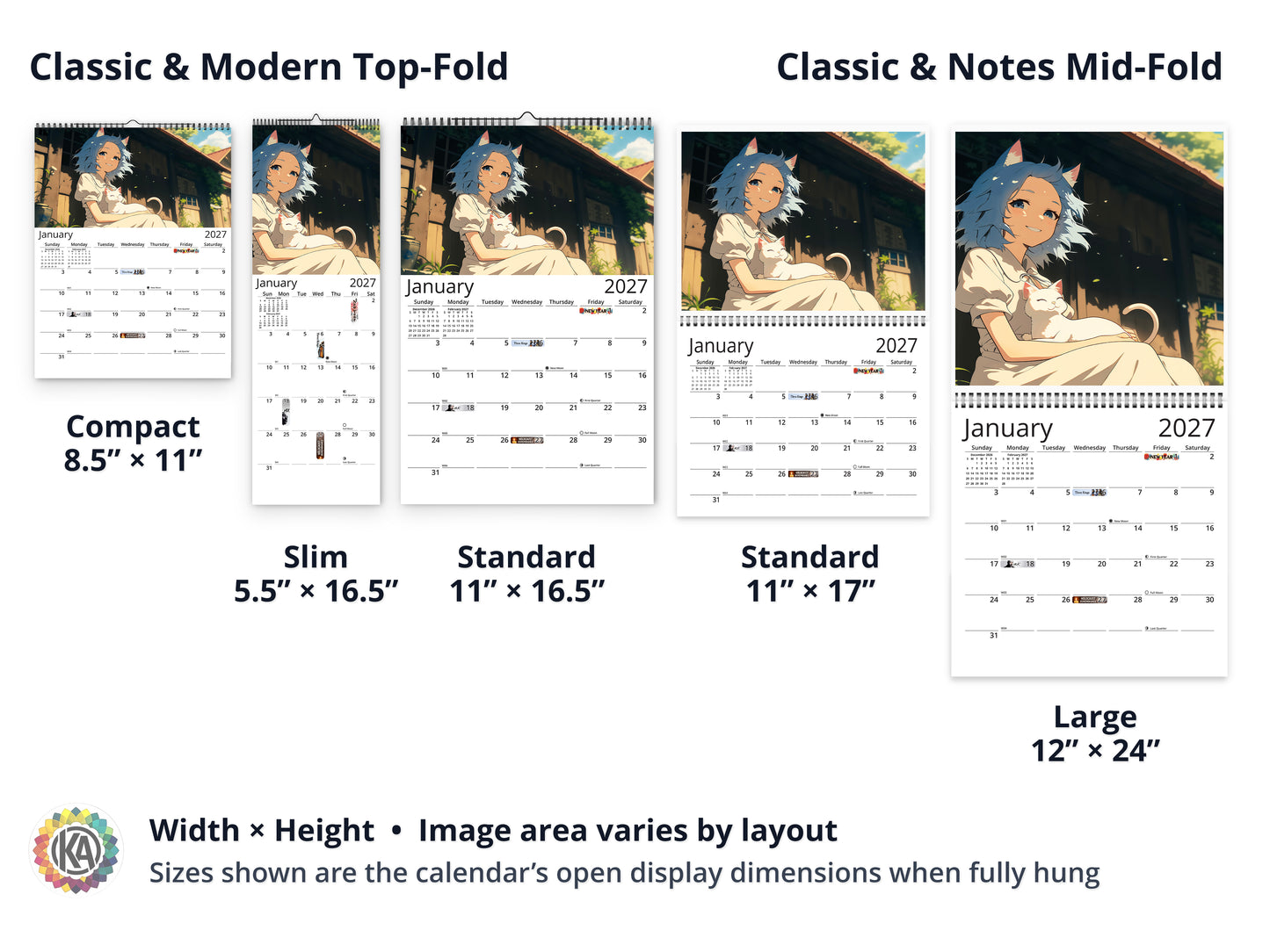 Anime Life 2027 wall calendar layout and size options