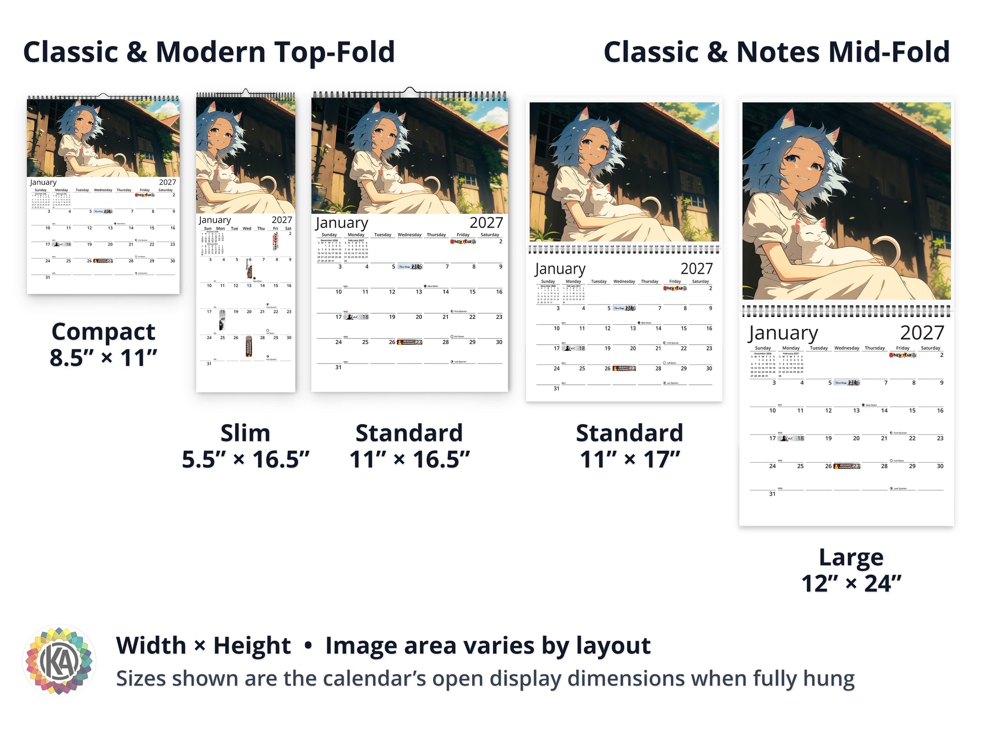 Anime Life 2027 wall calendar layout and size options