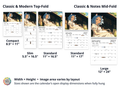 Anime Life 2027 wall calendar layout and size options