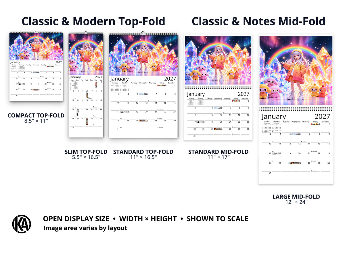 Anime Rainbow 2027 wall calendar layout and size options