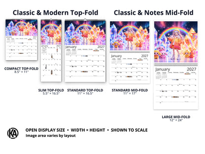 Anime Rainbow 2027 wall calendar layout and size options