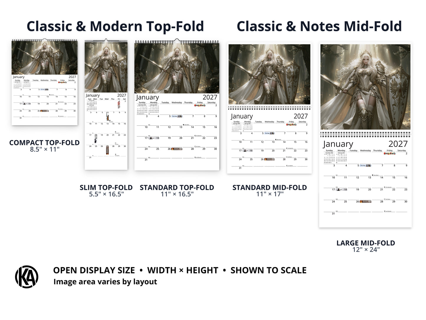 Anime Warrioress by Kaleidoscope Artisan - Mythic Guardians with Holidays 2027 wall calendar layout and size options