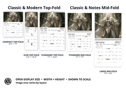 Anime Warrioress by Kaleidoscope Artisan - Mythic Guardians with Holidays 2027 wall calendar layout and size options