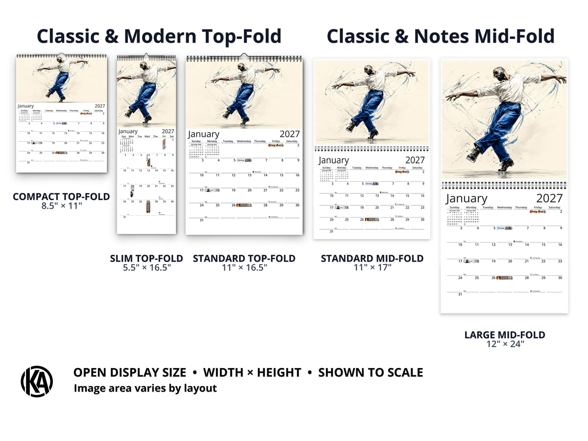 Art of Dance 2027 wall calendar layout and size options