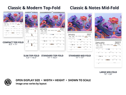 Artistic Flowers 2027 wall calendar layout and size options