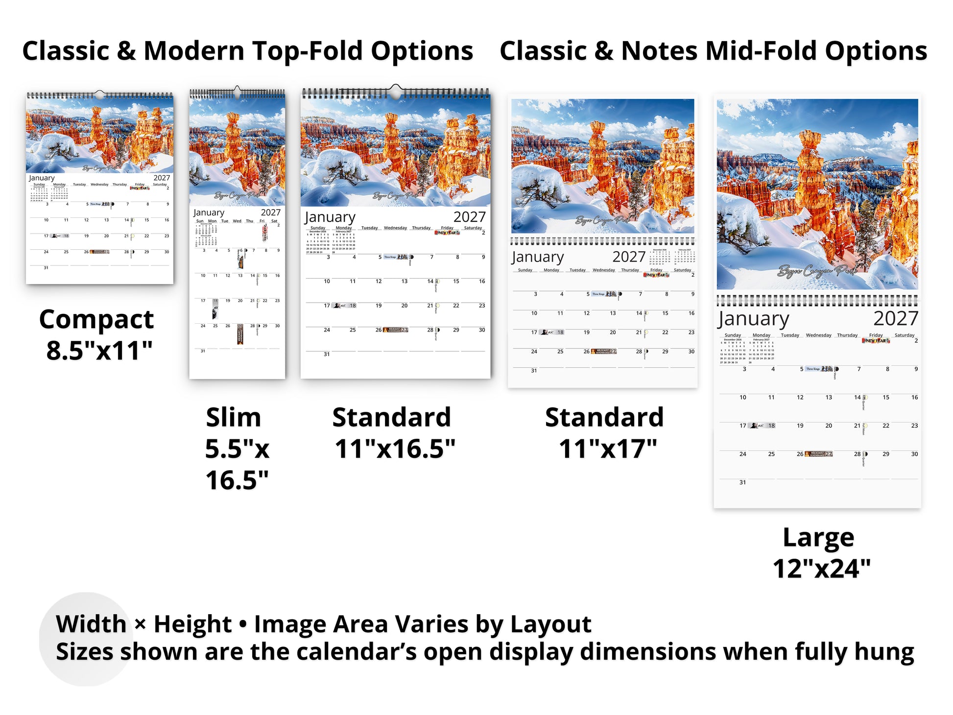Artistic National Parks 2027 wall calendar layout and size options