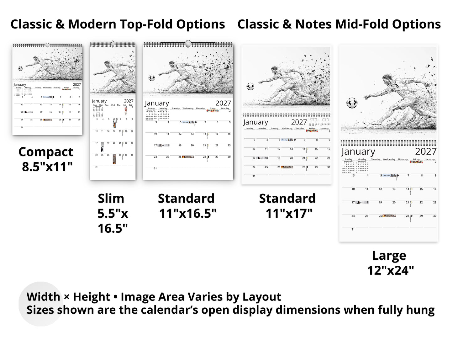 Artistic Soccer 2027 wall calendar layout and size options