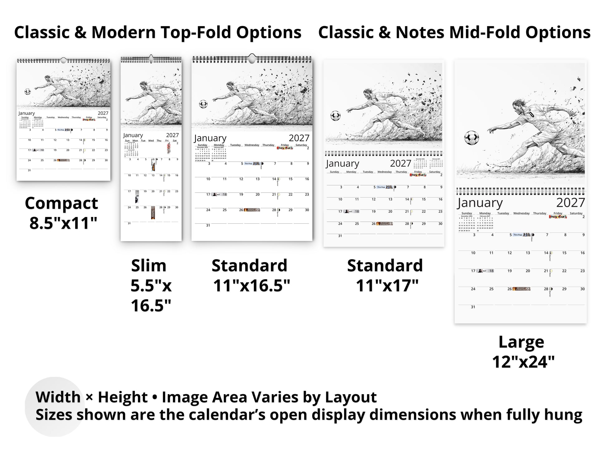 Artistic Soccer 2027 wall calendar layout and size options