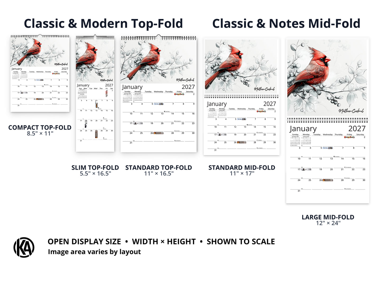 Avian Sketches 2027 wall calendar layout and size options