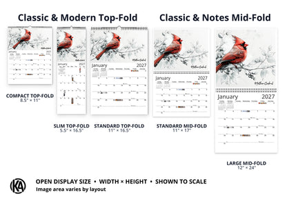Avian Sketches 2027 wall calendar layout and size options