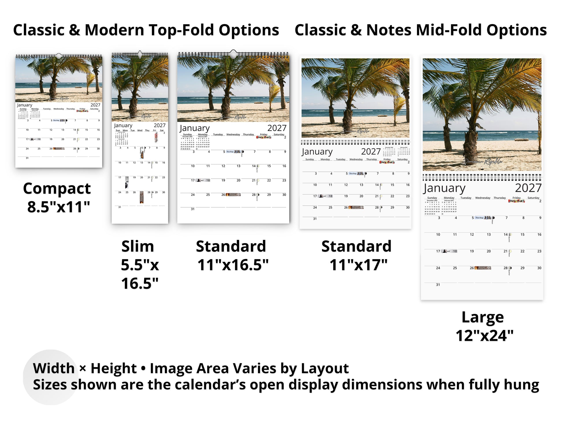 Beaches Photography 2027 wall calendar layout and size options