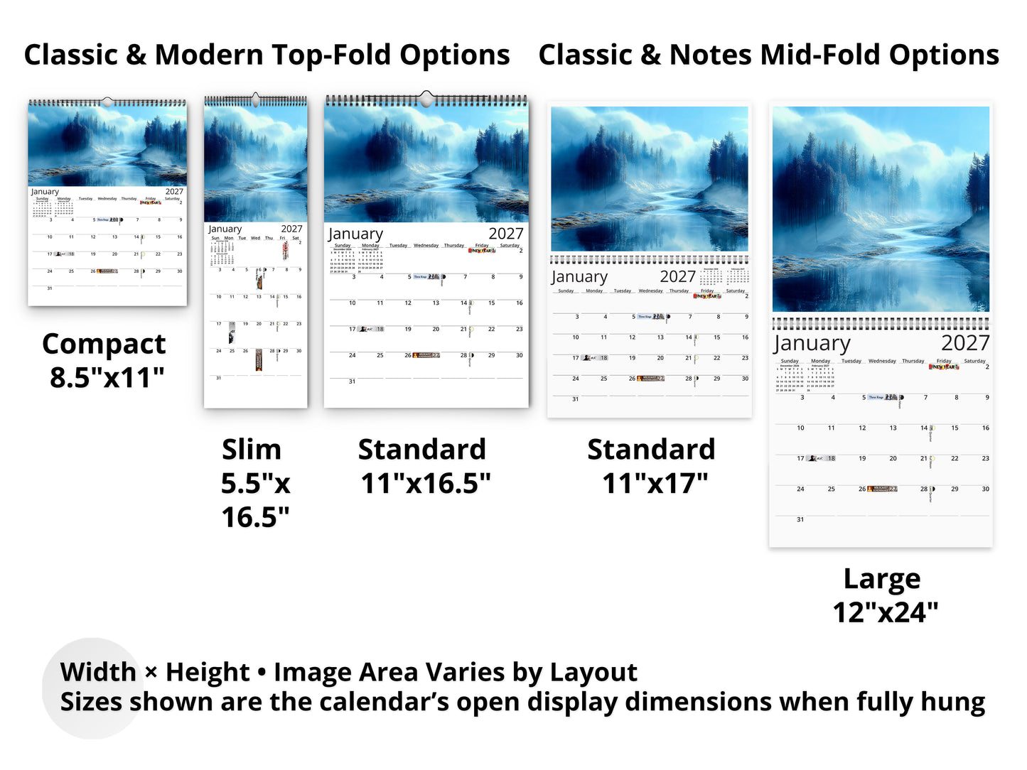 Blue Vistas 2027 wall calendar layout and size options