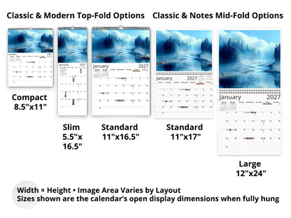 Blue Vistas 2027 wall calendar layout and size options